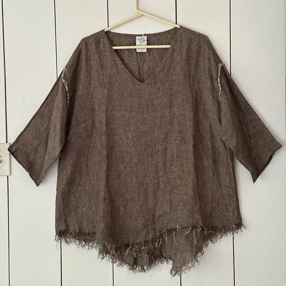Match Point Linen Top Oversized Lagenlook Sz M Brown/Tan Lagenlook Minimalist - Picture 1 of 8